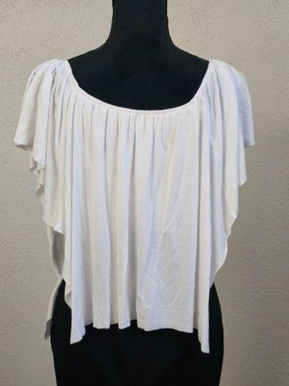 White Boho-Style Flutter Sleeve Top With Elastic Neckline & Asymmetrical Hem For - Picture 5 of 9